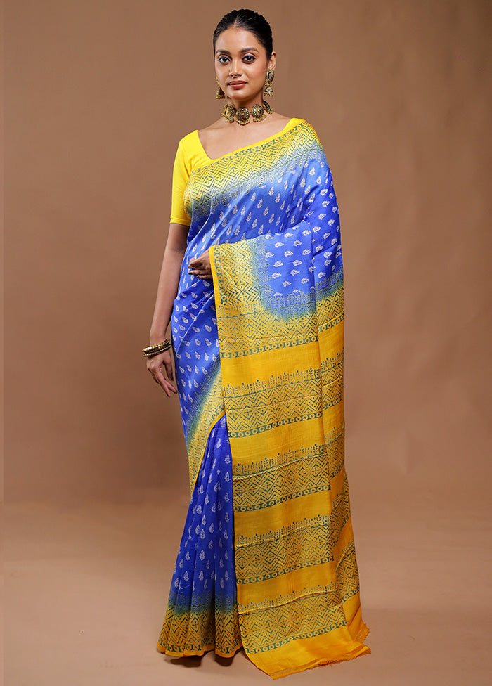 Blue Printed Pure Silk Saree Without Blouse Piece