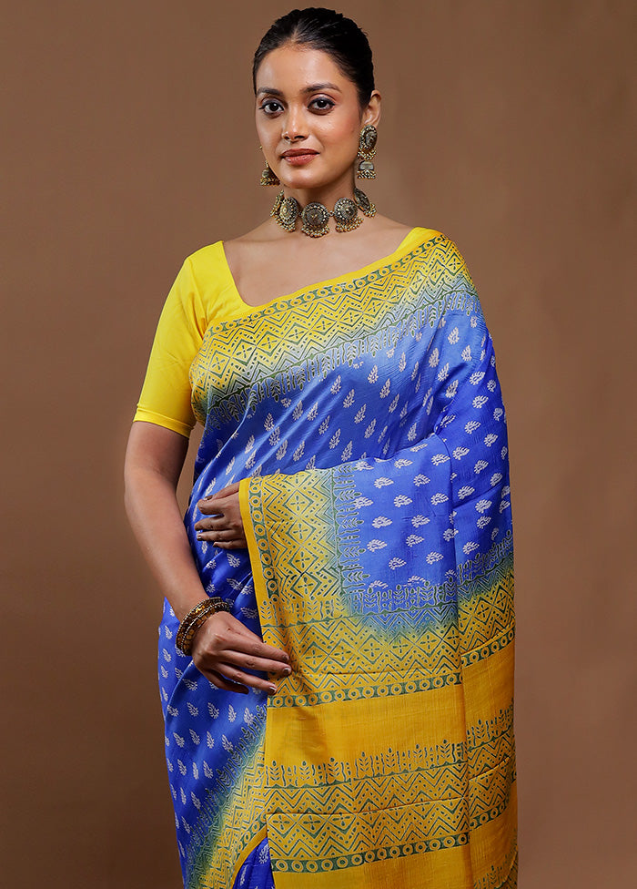 Blue Printed Pure Silk Saree Without Blouse Piece