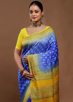 Blue Printed Pure Silk Saree Without Blouse Piece