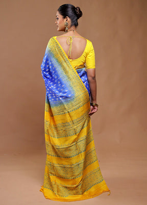 Blue Printed Pure Silk Saree Without Blouse Piece
