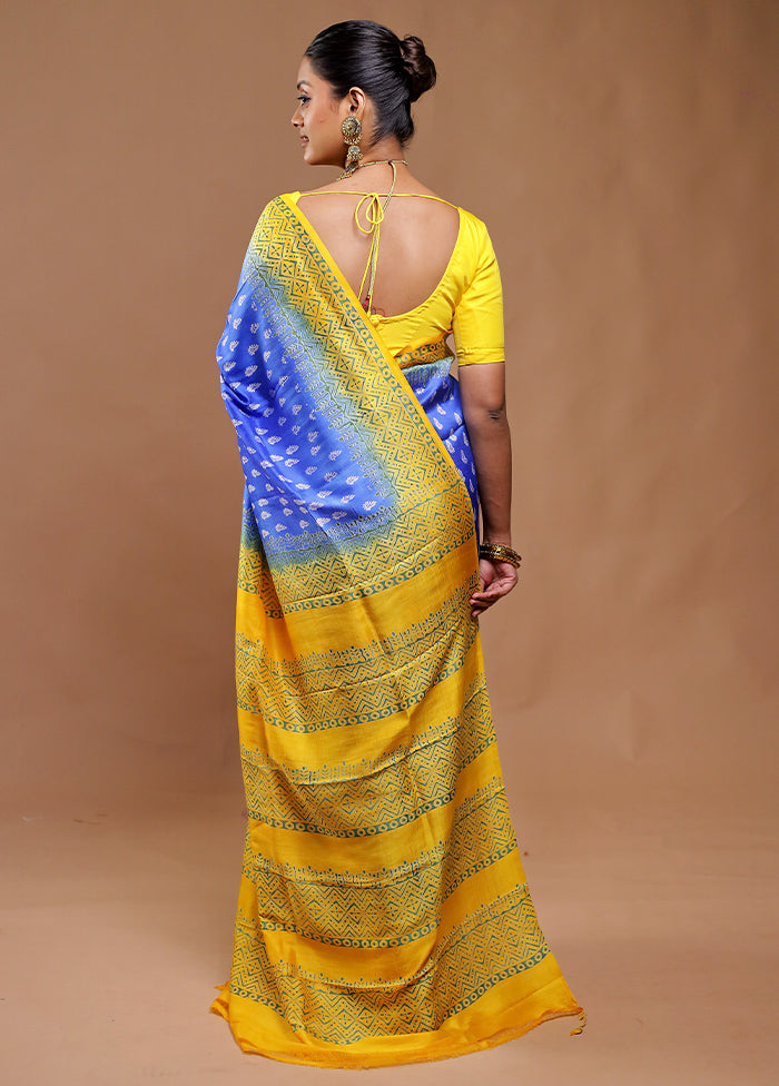 Blue Printed Pure Silk Saree Without Blouse Piece