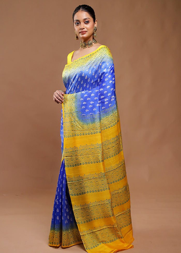 Blue Printed Pure Silk Saree Without Blouse Piece