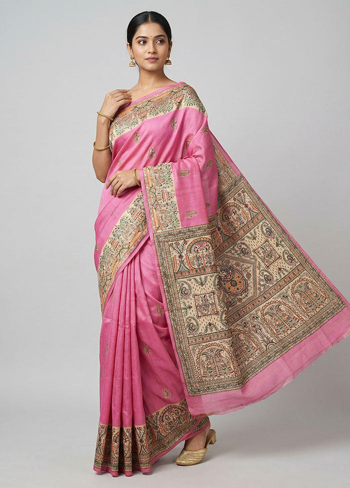 Pink Printed Silk Saree Without Blouse Piece