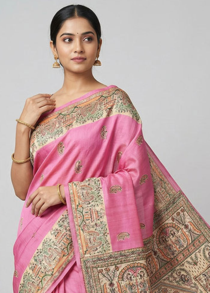Pink Printed Silk Saree Without Blouse Piece