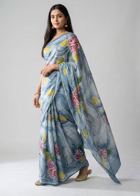 Blue Printed Silk Saree Without Blouse Piece