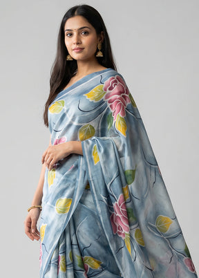 Blue Printed Silk Saree Without Blouse Piece