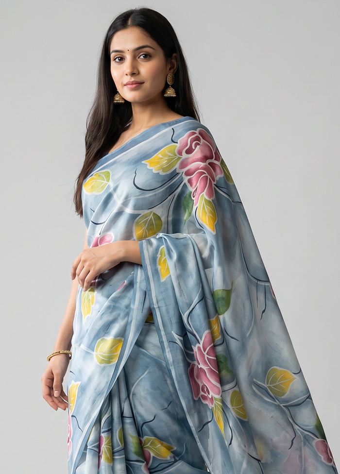Blue Printed Silk Saree Without Blouse Piece