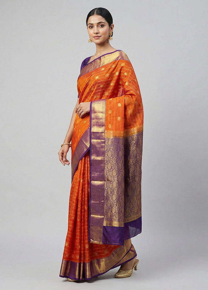 Rust Handloom Kanjivaram Pure Silk Saree With Blouse Piece