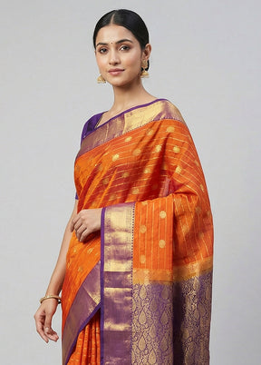 Rust Handloom Kanjivaram Pure Silk Saree With Blouse Piece