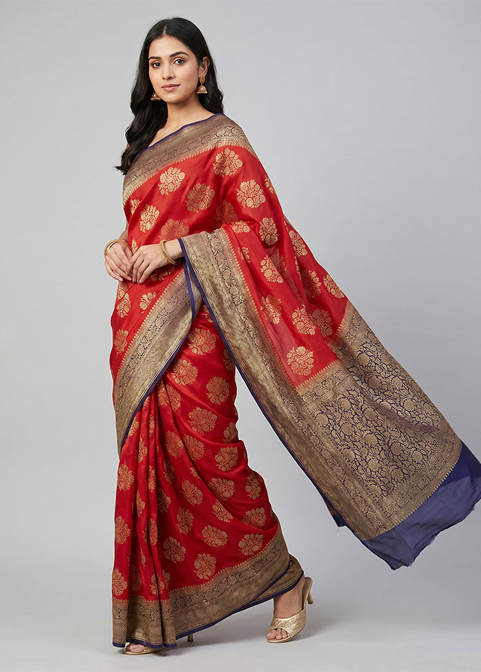 Red Handloom Pure Georgette Saree With Blouse Piece