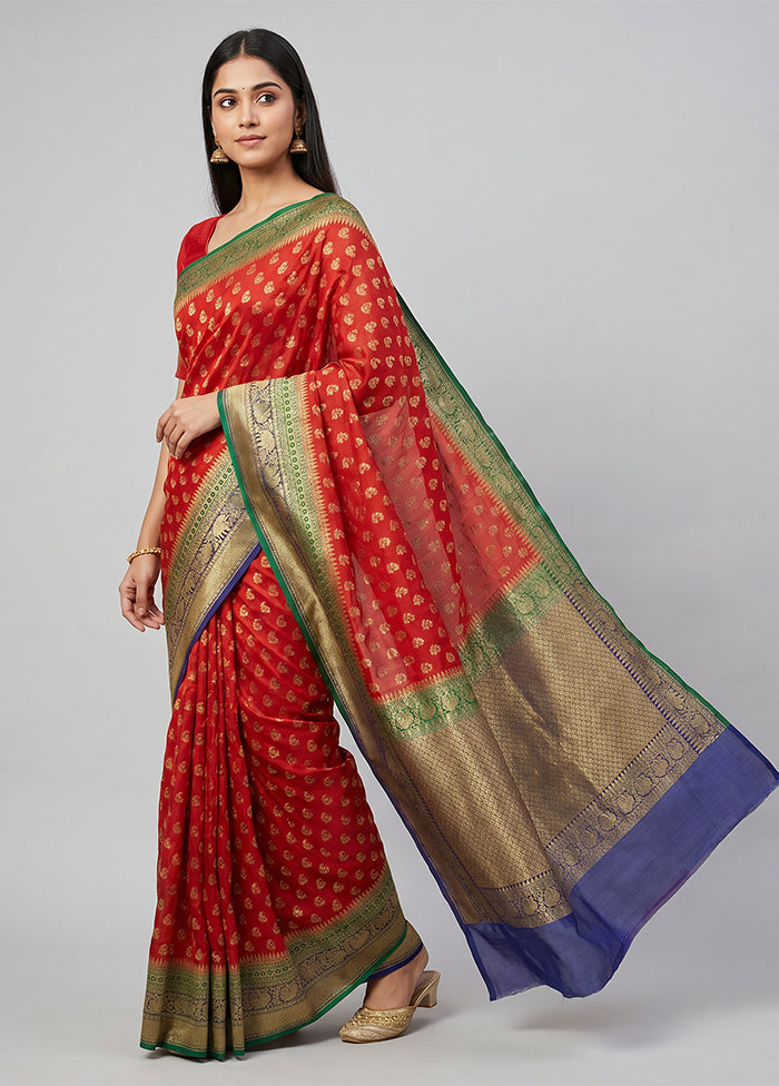 Red Handloom Pure Georgette Saree With Blouse Piece