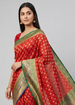 Red Handloom Pure Georgette Saree With Blouse Piece