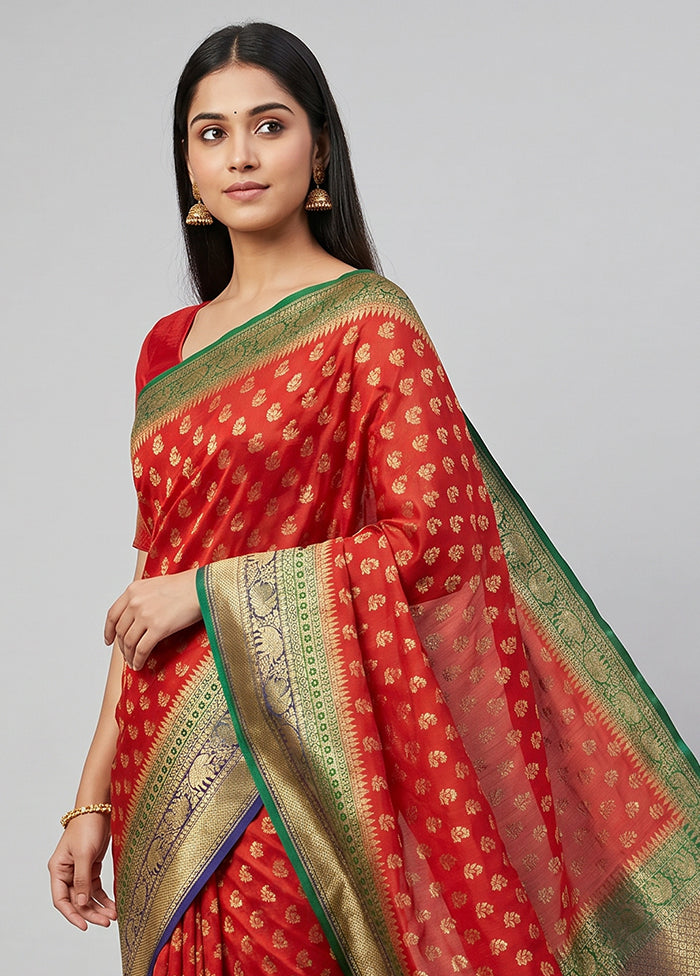 Red Handloom Pure Georgette Saree With Blouse Piece