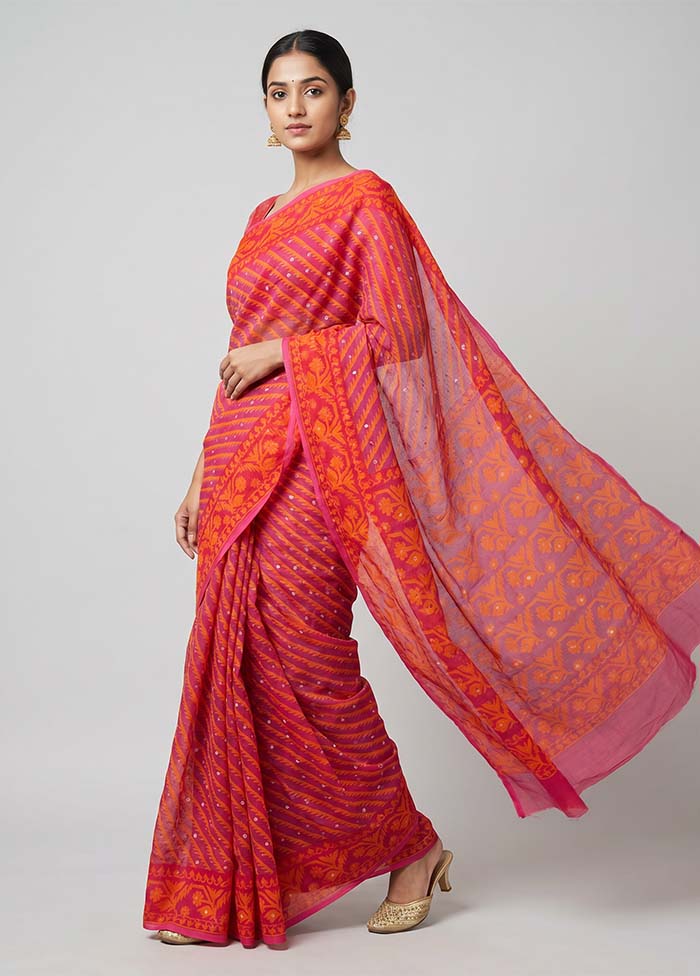 Purple Jamdani Cotton Saree Without Blouse Piece