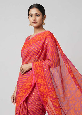 Purple Jamdani Cotton Saree Without Blouse Piece