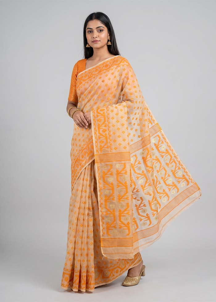 Cream Jamdani Cotton Saree Without Blouse Piece
