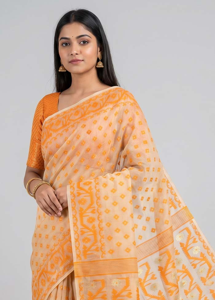 Cream Jamdani Cotton Saree Without Blouse Piece