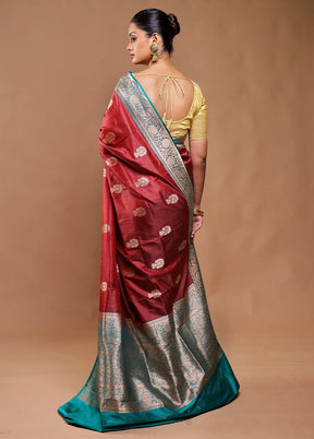 Maroon Handloom Katan Pure Silk Saree With Blouse Piece