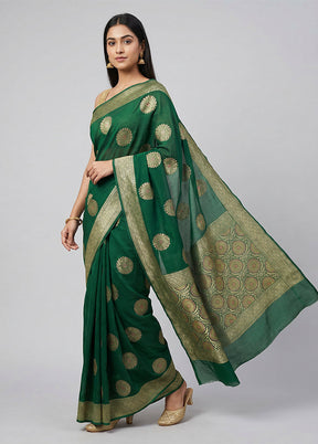 Green Handloom Pure Georgette Saree With Blouse Piece