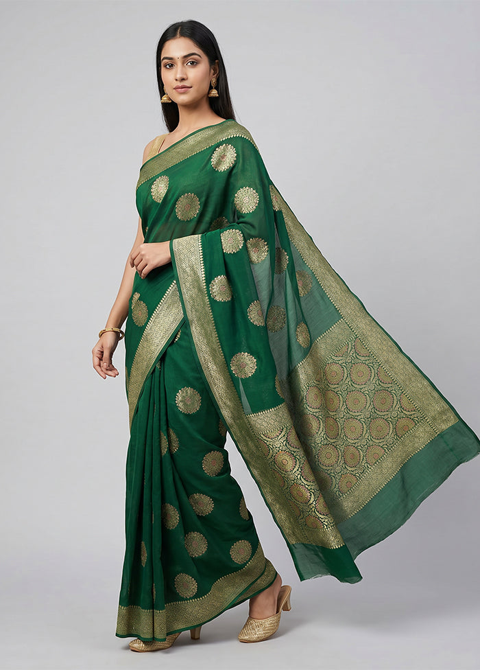 Green Handloom Pure Georgette Saree With Blouse Piece