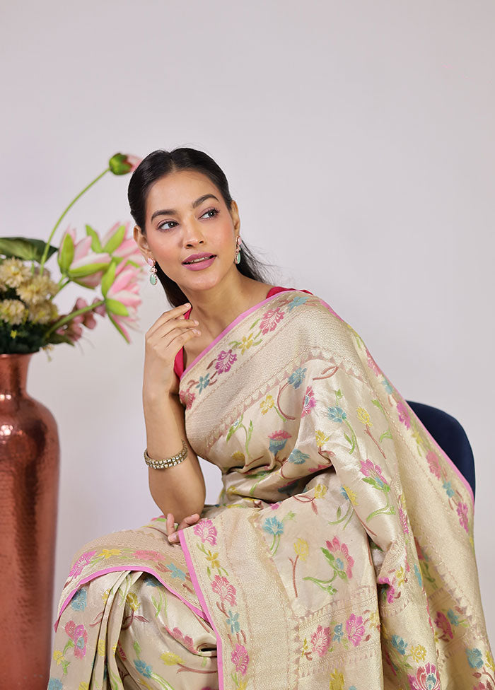 Cream Handloom Pure Georgette Saree With Blouse Piece