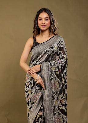 Black Handloom Pure Georgette Saree With Blouse Piece