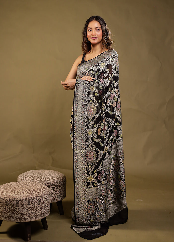 Black Handloom Pure Georgette Saree With Blouse Piece