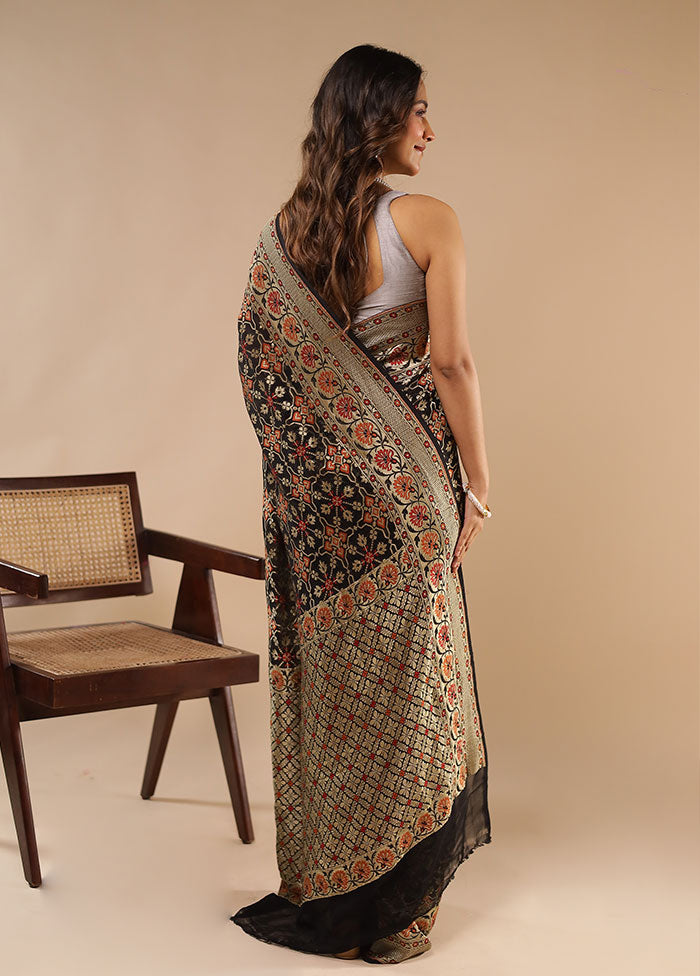 Black Handloom Pure Georgette Saree With Blouse Piece