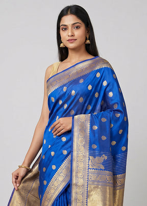 Blue Handloom Katan Pure Silk Saree With Blouse Piece