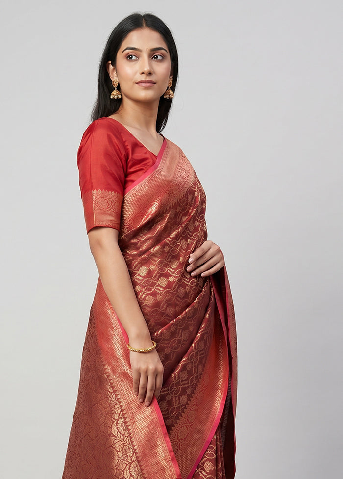 Maroon Kora Silk Saree With Blouse Piece