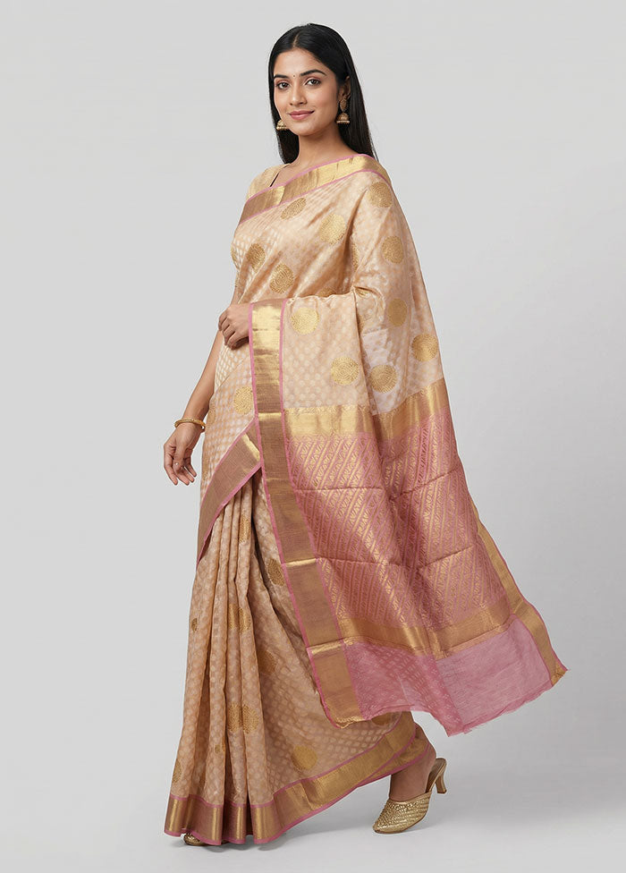 Cream Handloom Kanjivaram Pure Silk Saree With Blouse Piece