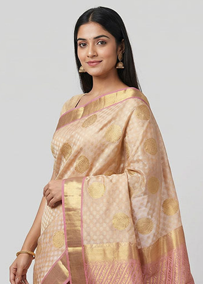 Cream Handloom Kanjivaram Pure Silk Saree With Blouse Piece