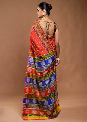 Orange Printed Pure Silk Saree Without Blouse Piece
