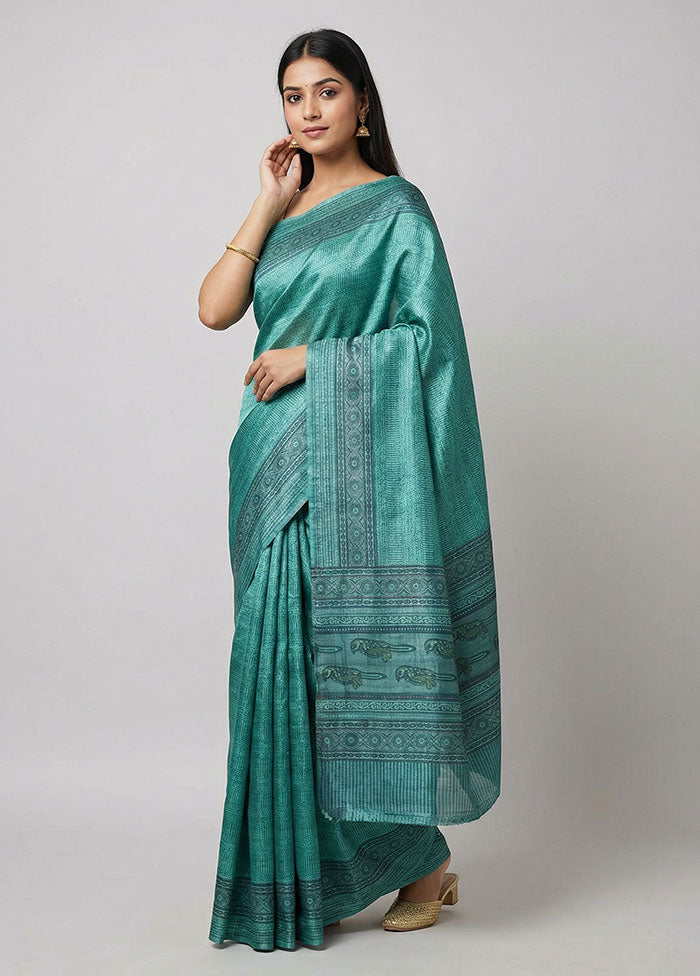 Blue Handloom Tussar Pure Silk Saree With Blouse Piece