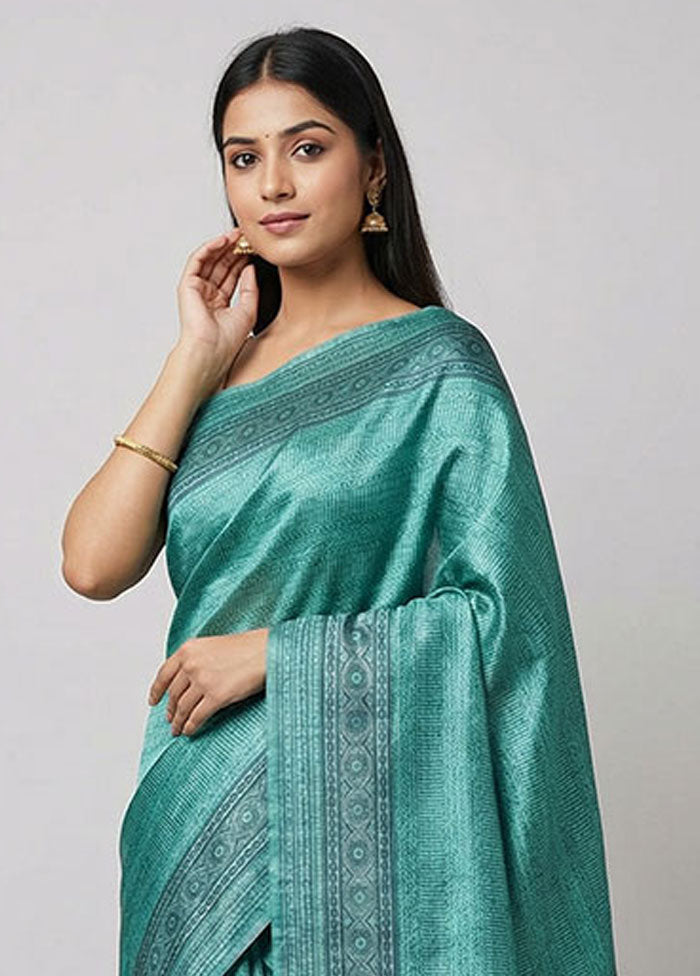 Blue Handloom Tussar Pure Silk Saree With Blouse Piece