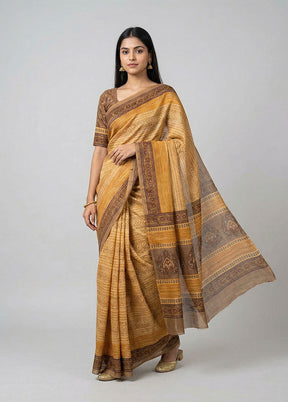 Cream Handloom Tussar Pure Silk Saree With Blouse Piece