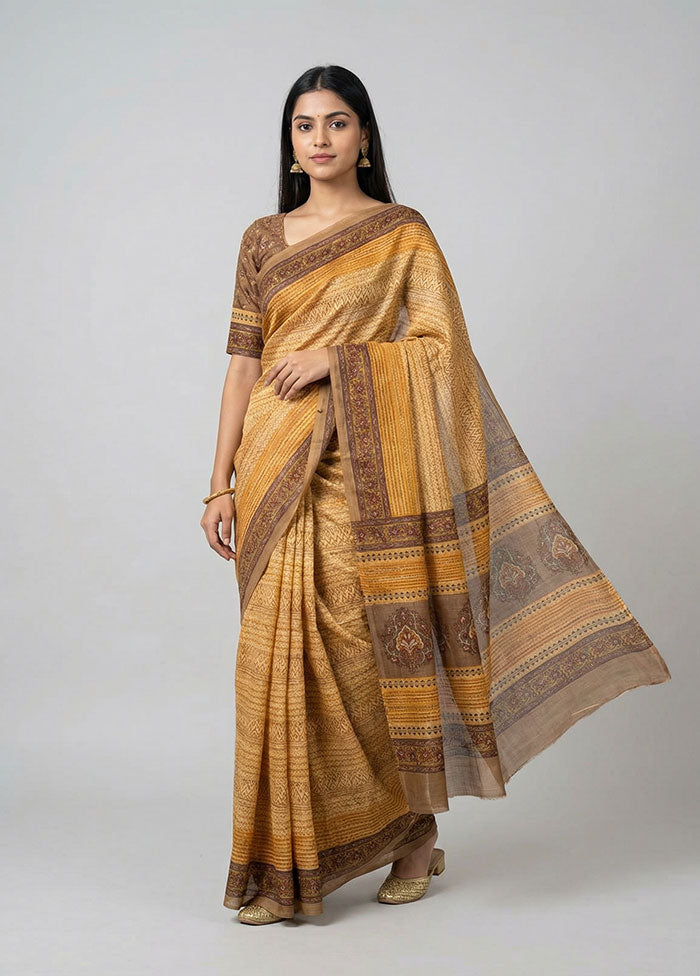 Cream Handloom Tussar Pure Silk Saree With Blouse Piece