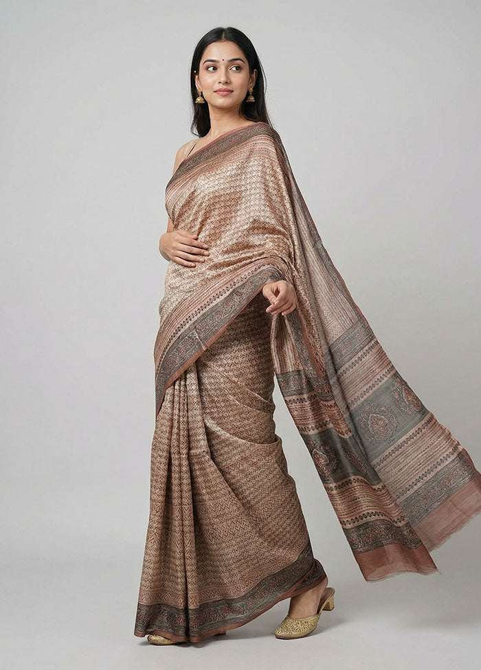 Cream Handloom Tussar Pure Silk Saree With Blouse Piece
