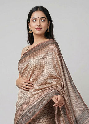 Cream Handloom Tussar Pure Silk Saree With Blouse Piece
