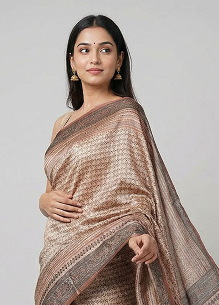 Cream Handloom Tussar Pure Silk Saree With Blouse Piece