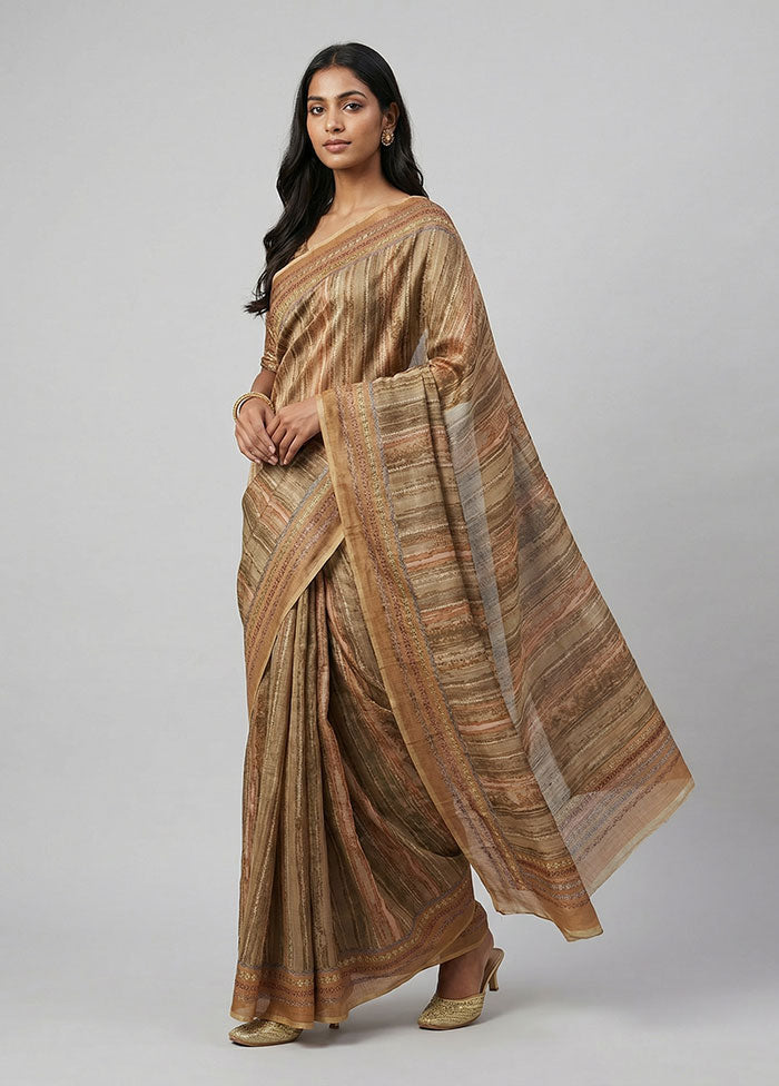 Cream Handloom Tussar Pure Silk Saree With Blouse Piece