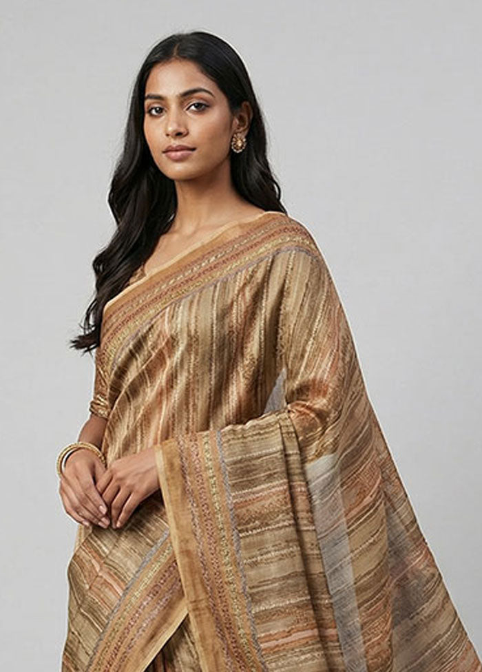 Cream Handloom Tussar Pure Silk Saree With Blouse Piece
