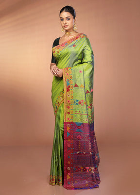 Green Handloom Printed Pure Silk Saree Without Blouse Piece