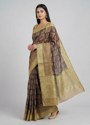 Brown Handloom Tussar Pure Silk Saree With Blouse Piece