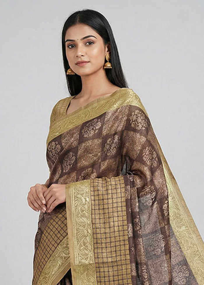 Brown Handloom Tussar Pure Silk Saree With Blouse Piece
