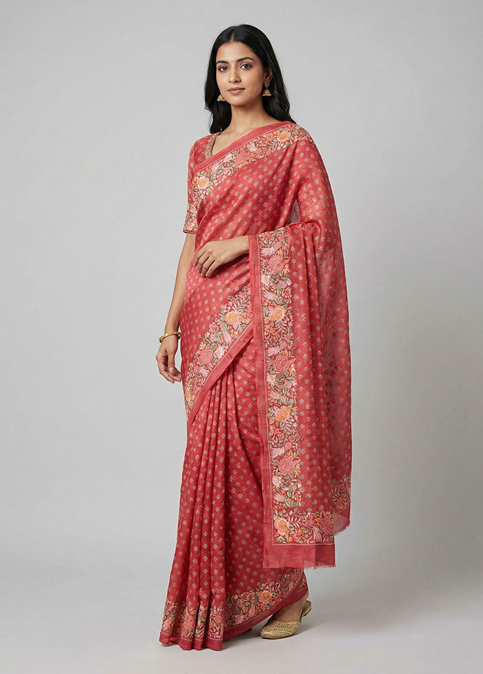 Pink Handloom Tussar Pure Silk Saree With Blouse Piece