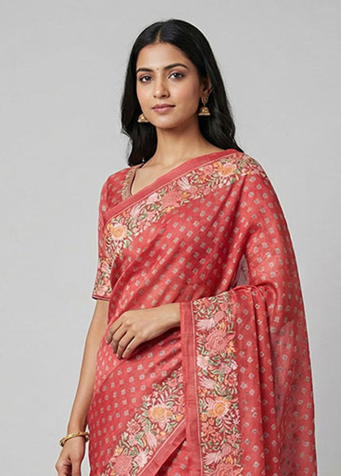Pink Handloom Tussar Pure Silk Saree With Blouse Piece