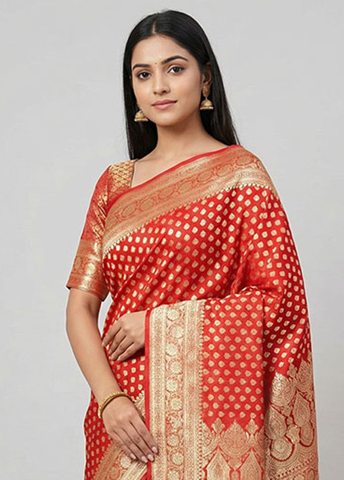 Red Banarasi Silk Saree With Blouse Piece