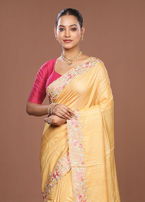 Yellow Handloom Tussar Pure Silk Saree With Blouse Piece