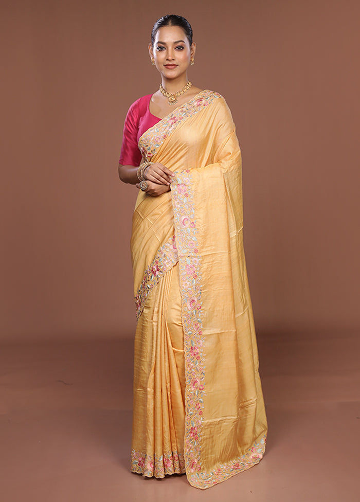Yellow Handloom Tussar Pure Silk Saree With Blouse Piece
